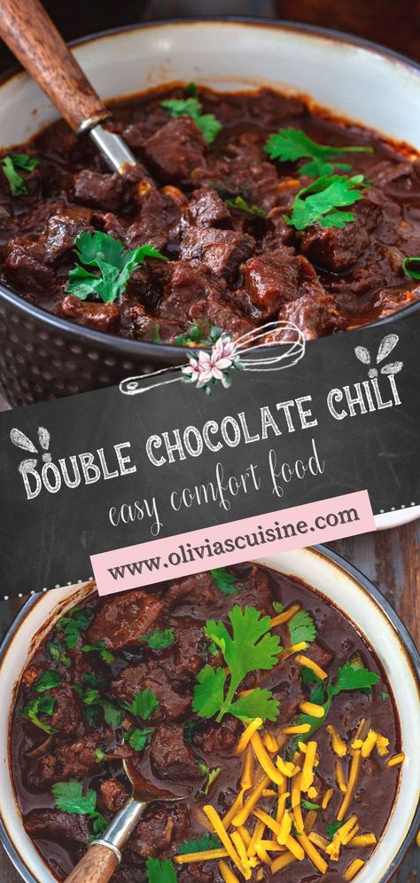 Chocolate In Chili, Chili Recipes With Chocolate, Dark Chocolate Chili Recipe, Dessert Chili Recipe Chocolate, Dessert Chili Recipe, Chili With Chocolate Recipe, Dark Chili Recipe, Unique Chili Recipe Crock Pot, Chili Recipe With Chocolate