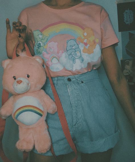 Kawaii 90s Aesthetic, Care Bear Shirt Vintage, Care Bear Outfit Aesthetic, Care Bears 2000s Aesthetic, Care Bears Outfit Aesthetic, Childhood Aesthetic Outfits, Goth Care Bear, Care Bear Cosplay, Care Bears Outfits