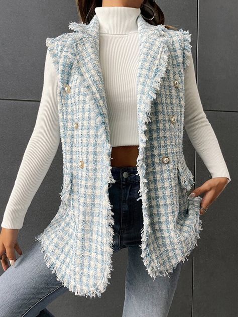 Blue Vest Outfit, Tweed Vest, Women Blazers, Blouse Casual Fashion, Women Suits, Plaid Vest, Blue Tweed, Blue Vests, Women Overcoat