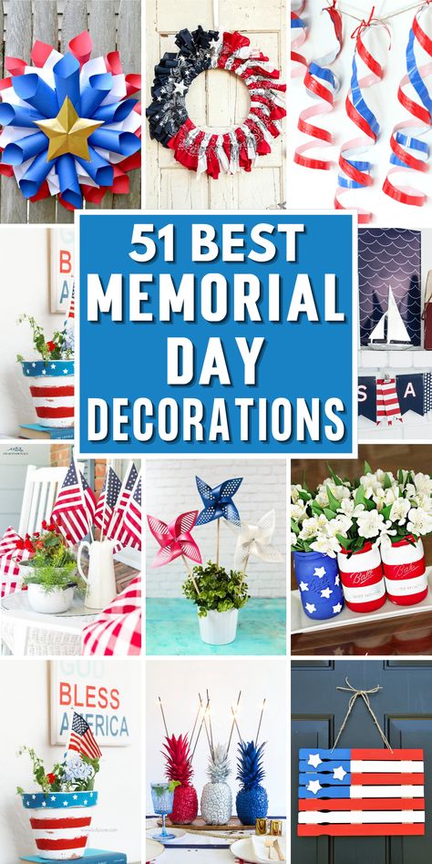 Looking for inspiration for your Memorial Day decorations? Check out these amazing DIY 4th of July decorations! From DIY Memorial Day wreaths to Patriotic centerpieces, we’ve got you covered with these easy and budget-friendly Memorial Day decoration ideas. Celebrate the day with red, white, and blue colors, and add a touch of patriotism to your party with these Memorial Day decoration ideas. Create a memorable celebration with these creative Memorial Day decoration ideas! Diy 4th Of July Decorations, Diy Patriotic Wreath, American Flag Crafts, Memorial Day Foods, Patriotic Centerpieces, Memorial Day Decorations, Memorial Day Wreaths, 4th July Crafts, Cemetery Decorations