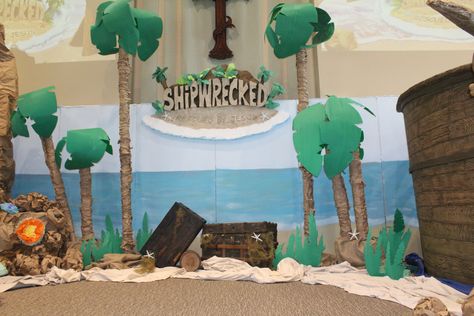 Our Shipwrecked VBS Stage Thunder Island Vbs, Vbs Shipwrecked, Shipwrecked Vbs, Shipwreck Island, Mystery Island, Vbs Craft, Discovery Island, Under The Sea Decorations, Vbs Decorations