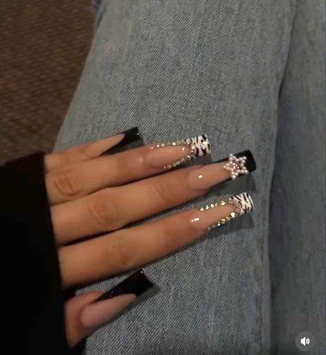 Black Nail Designs Y2k, Square Rhinestone Acrylic Nails, Rhinestone Acrylics, Black Pearl Nails, Zebra Acrylic Nails, Zebra Nails, Poly Gel, Punk Nails, Grunge Nails