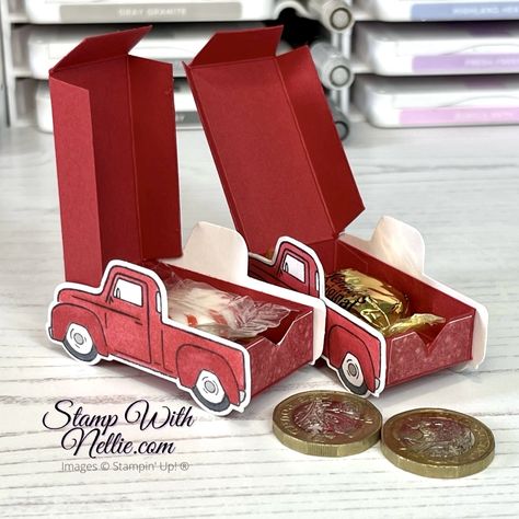 Tiny Treat box using Trucking Along - tutorial - Stamp with Nellie Stampin Up Gift Cards, Su Trucking Along, Stampin Up Trucking Along Bundle 2023, Birthday Gift Ideas Diy Creative, Fancy Folds Cards Tutorials, Stampin Up Trucking Along Cards, Treat Boxes Ideas Packaging, Diy Birthday Gift For Husband, Stampin Up Trucking Along