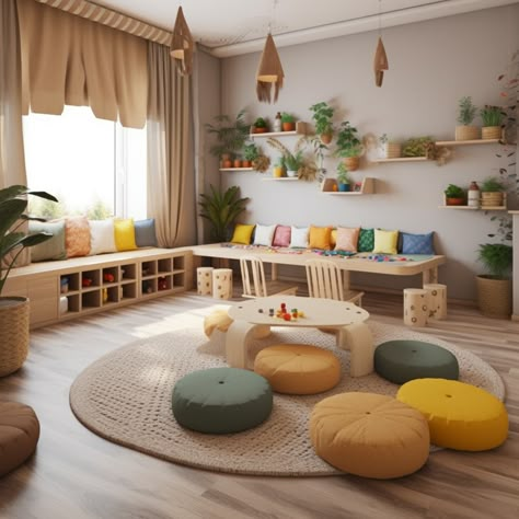 Cozy Corner Kindergarten, Kindergarten Reading Nook, Montessori Spaces At Home, Montessori Inspired Classroom, Holistic Design Interior, Japanese Playroom, Playroom Plants, Kindergarten Classroom Design Ideas, Baby Play Area In Living Room