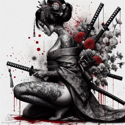 Asian Aesthetic Tattoo, Geisha Samurai Tattoo Design, Womens Japanese Tattoo, Japanese Goddess Tattoo, Japanese Tattoo Art Geisha, Female Samurai Tattoo, Lady Samurai, Asian Goth, Geisha Samurai