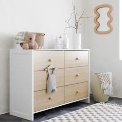 Wade Logan® Cabble Checkered Rug & Reviews | Wayfair Nursery Dresser White, Dresser For Nursery, Style Californien, Baby Dresser, Wood Nursery, Nursery Dresser, Baby Room Themes, Cozy Nursery, Stylish Nursery