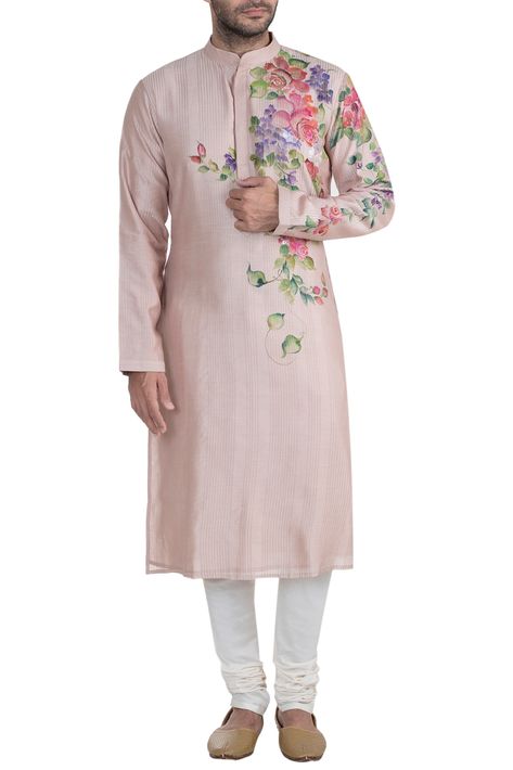 Ecru Hand Painted Kurta Design by RAR Studio Men at Pernia's Pop Up Shop 2022 Digital Floral Prints, Panjabi Design, Gents Shirts, Stylish Kurta, Gents Kurta, Neeta Lulla, Men Kurta, Men's Kurta, Painted Fabric