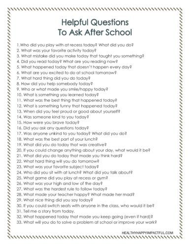 33 helpful questions to ask your child after school. For kids to get them talking! Use these questions instead of "how was your day?" Great tips to help kids open up. Great conversation starters with a FREE printable! #questions Questions To Ask After School, After School Questions For Kids, Instead Of How Was Your Day, Questions To Ask Kids After School, Question Of The Day For Kids, Questions To Ask Kids, School Questions, Family Conversation Starters, Conversation Starters For Kids