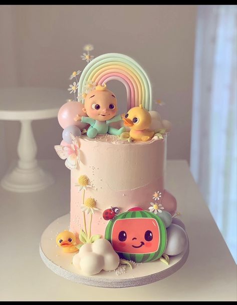 Cocomelon Birthday Cake, Baby 1st Birthday Cake, Toddler Birthday Cakes, Cocomelon Cake, Modern Birthday Cakes, Second Birthday Cakes, Melon Cake, Cake Designs For Girl