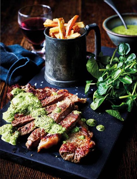 Steak with watercress sauce | Sainsbury's Magazine French Beef Recipes, Watercress Sauce, French Steak, Oven Chips, Misfits Market, Ray Peat, Steak In Oven, Hanger Steak, Steak Tartare