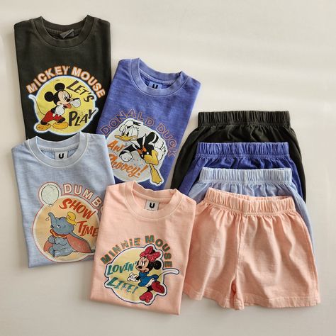 - Garment dyed t-shirt and shorts set, Disney character graphic print front- Made in South Korea Model : 37.5" 33lbs wearing a size 3-4y CareMachine wash cold with like colors.Do not Bleach. Hang Dry.Cool iron if needed. Do not dry clean. Disney Toddler Outfits, Kids Disney Outfits, Auntie Vibes, Disney Boutique, Disney Trip Outfits, Disney Fits, January Baby, Boy Styles, Disney Baby Clothes