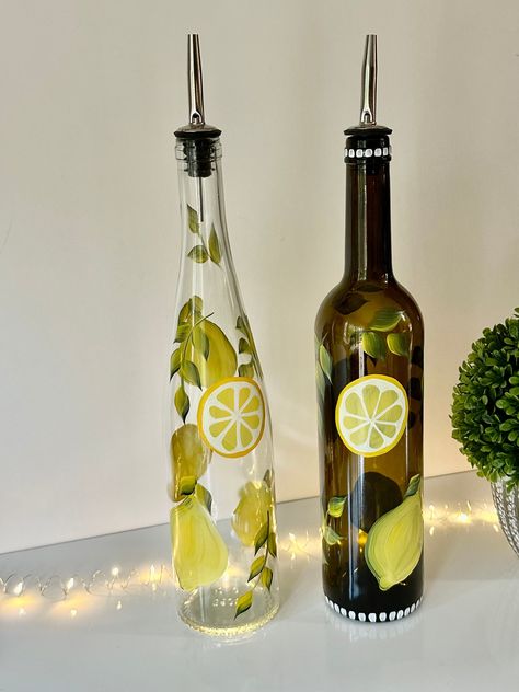 Painted Lemons, Sunflower Vase, Recycled Wine Bottle, Lemon Kitchen, Vinegar Cruet, Brown Bottles, Olive Oil Dispenser, Olive Oil And Vinegar, Lemon Patterns