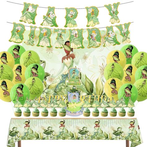 PRICES MAY VARY. You will get : 1pc princess birthday backdrop, 1pc princess tablecloth,1pc happy birthday banner,18pcs latex balloons,1pc cake topper and 12pcs cupcake toppers. Your birthday party decorations all together are here; Material : All parts of birthday party supplies are made of high-quality materials,which are environmentally friendly, durable and reusable. The 5x3ft backdrop is made of vinyl with bright colors and vivid images. Suit for Occasions : These decorations are suitable f Princess And The Frog Birthday Party, Princess And The Frog Party, Tiana Party, Princess And Frog, Princess Tiana Birthday Party, Tiana Birthday Party, Frog Birthday, Balloons Cake, Sweet 17