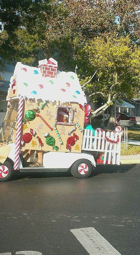 Gingerbread House Decorated Golf Cart in Golf Cart ideas  Christmas Parade Golf Cart Gingerbread House, Gingerbread House Golf Cart, Golf Cart Christmas Parade, Christmas Trunk Or Treat Ideas, Trunk And Treat, Christmas Trunk Or Treat, Golf Cart Decorations, Painting Snowflakes, Car Decoration Ideas