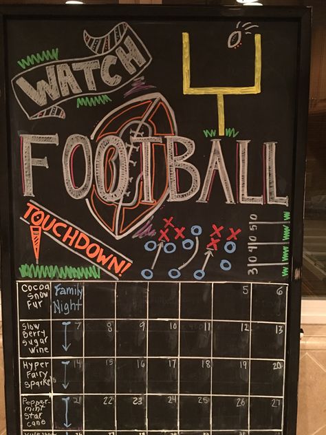 Football Whiteboard Ideas, Football Chalkboard Art, Football Chalkboard, Whiteboard Drawings, Whiteboard Ideas, 2nd Birthday Party For Boys, Chalkboard Calendar, Chalk It Up, Watch Football