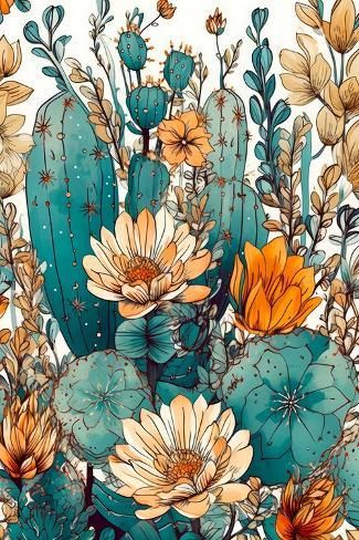 size: 12x8in Photographic Print: Succulents and Cactus 9 by Justyna Jaszke : Succulent Canvas Painting, Potted Plants Painting, Cactus Artwork, Painting Pots, Cactus Backgrounds, Cactus Collection, Succulent Painting, Cactus Poster, Flower Drawings