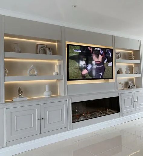 30+ TV Media Wall Ideas That Are Both Functional and Stylish - HubPages Wall Units With Fireplace, Media Wall Unit, Ikea Hallway, Feature Wall Living Room, Built In Shelves Living Room, Living Room Wall Units, Living Room Built Ins, Colour Hallway, Living Room Decor Fireplace