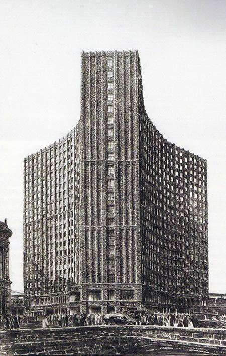 Hans Poelzig, 1921 project to build a high-rise in Friedrichstrasse, Berlin Hans Poelzig, Expressionism Architecture, Architecture Museum, Berlin Photos, Monumental Architecture, Berlin City, Architecture History, Brick Architecture, Architectural Drawing