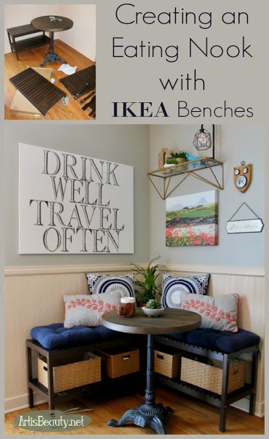 CREATING AN EATING NOOK BOOTH WITH IKEA BENCHES IKEA HACK DIY MAKEOVER KITCHEN ECLECTIC BOHO CHIC BOHEMIAN HOME DECOR Eating Nook Ideas, Small Kitchen Dining Nook, Diy Kitchen Nook Bench Ikea Hacks, Ikea Divider, Banquette Ikea, Kitchen Eclectic, Ikea Bench, Eating Nook, Kitchen Storage Bench