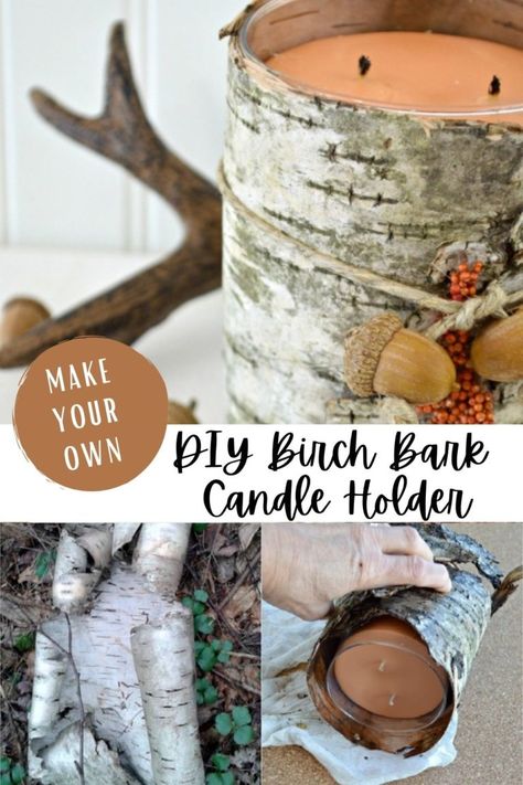 DIY birch bark covered candle tutorial. Make this upscale fall decor with a scented candle. Dress up plain candles for fall. I share where to find birch bark. #falldecor #birchbark #candles Candle Dress, Fall Decor Simple, Birch Bark Candles, Birch Wood Crafts, Fancy Fence, Birch Bark Crafts, Diy Steps, Birch Candles, Candle Tutorial