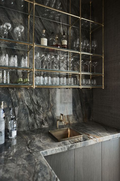 Dark Moody Wet Bar, Small Bar Areas In Home, Wet Bar Entry Way, Contemporary Home Bar, Painted Bar, Moody Wet Bar, Bar Mirror Ideas, Moody Bar, Modern Bar Ideas