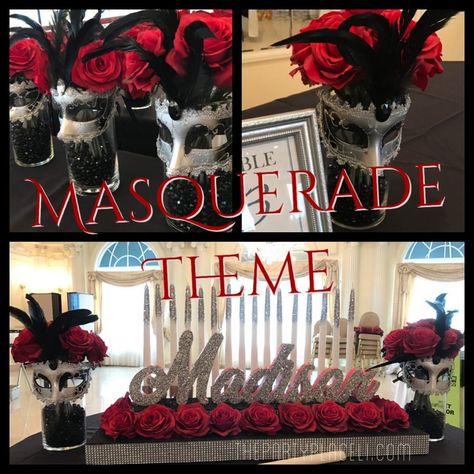 Masquerade Theme Sweet 16 | The Party Place LI | The Party Specialists Themes Sweet 16, Masquerade Party Themes, Sweet 16 Masquerade Party, Mascarade Party, Sweet 16 Party Themes, Sweet 16 Centerpieces, Masquerade Party Decorations, Masquerade Ball Party, Deco Ballon