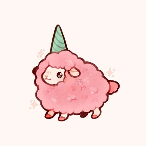 Cute Ostrich Drawing, Spicy Mochi Art, Cotton Candy Animals, Soft Doodles, Cute Sheep Art, Pink Doodles, Cartoon Frogs, Sheep Illustration, Animal Doodles