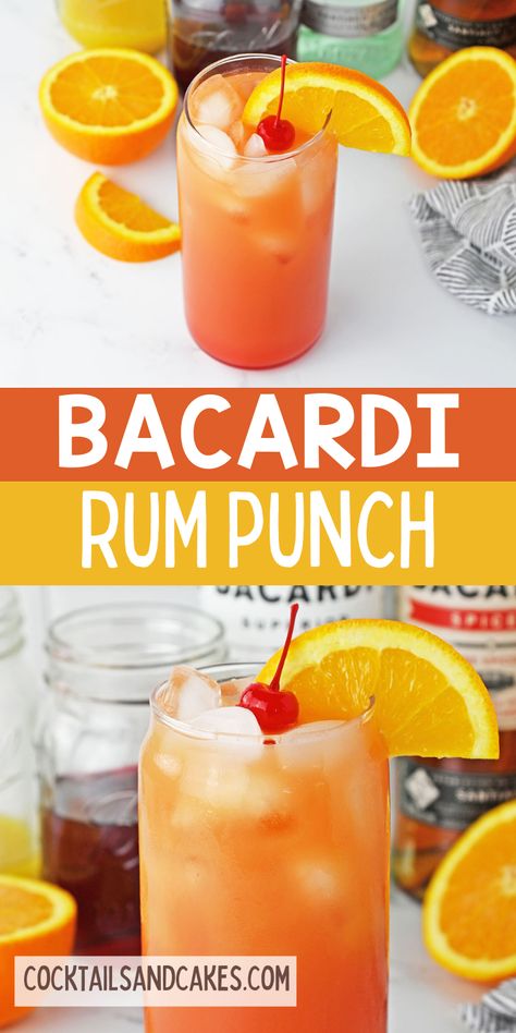 Yummy tropical flavors and two different types of Bacardi rum make this delicious Bacardi Rum Punch cocktail. Make one or a whole pitcher! Bacardi Tropical Rum Recipes, Bacardi Rum Drinks Recipes, Bacardi Cocktails Recipes, Bacardi Rum Drinks, Drinks With Bacardi Rum, Bacardi Cocktails, Bacardi Drinks, Tropical Rum Punch, Rum Cocktails Easy