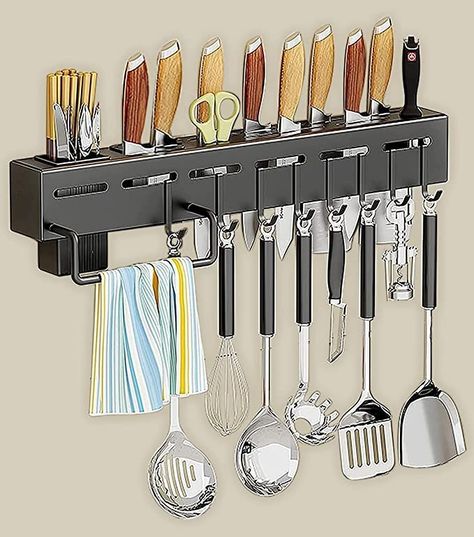 Deejay Kitchen Shelf ADVANCED NON RUST STAINLESS STEEL ALLOY Wall Mount Knife Holder ,Towel Hanger , Spatula Ladle Hanging Hooks , Cutlery Holder Storage Rack High Grade Metal Multi-Purpose (40 x 5.5 x 7cm). Kitchen Organization Wall, Wall Mounted Kitchen Storage, Kitchen Knife Holder, Organiser Cucina, Kitchen Utensil Rack, Kitchen Floating Shelves, Kitchen Wall Shelves, Utensil Rack, Knife Rack