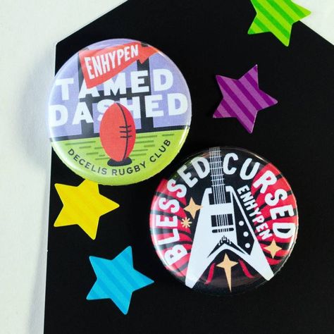 "ENHYPEN UPDATE!\n🏉\nTamed-Dashed and Blessed-Cursed added to Enhypen listing" Enhypen Update, Tamed Dashed, Freebies Ideas, Pin Button Design, Given Taken, Drunk Dazed, Future Perfect, Button Badges, Merch Ideas