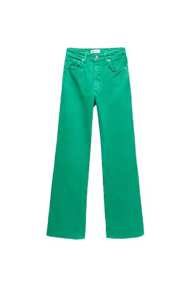 Zara Jeans Colorful, Green Zara Pants Outfit, Zara Wide Leg Jeans Outfit, Zara Jeans Wide Leg, Zara Marine Jeans, Green Zara Jeans, Zara Jeans Outfit, Green Wide Leg Jeans, Zara Wide Leg Jeans