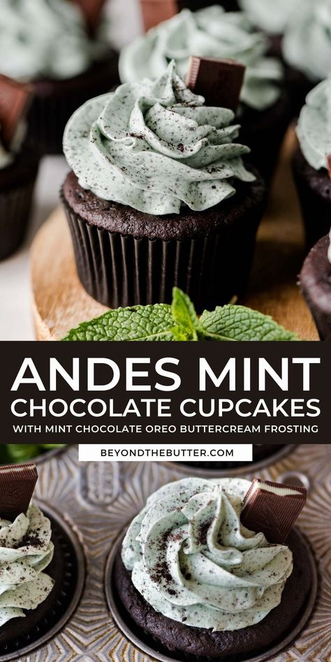 These Mint Chocolate Cupcakes are incredibly moist and chocolatey with a mint chocolate ganache filled center that are topped with a creamy mint chocolate frosting! If you're a big fan of mint chocolate chip ice cream, then you will LOVE these cupcakes! Recipe on BeyondtheButter.com | #mintchocolate #mintchocolatecupcakes #andesmints #chocolatecupcakes #beyondthebutter Bakery Style Cupcake Recipes, Mint Chocolate Cupcakes, Recipes Cupcakes, Cupcake Business, Baking Stuff, Cupcakes Recipes, Delicious Cupcakes, Mint Chocolate Chip Ice Cream, Homemade Cupcakes