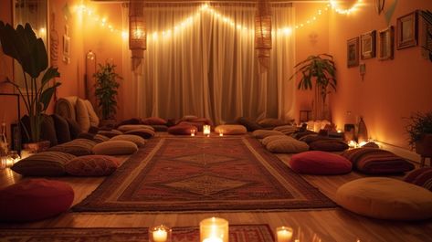 StockCake Warm and tranquil meditation room with floor cushions, ambient lighting, and serene decor for relaxation. Zen Space Room Ideas Meditation Corner, Home Relaxation Room, Meditation Room Colors, Small Meditation Room, Meditation Bedroom, Serene Decor, Home Meditation Space, Curated Aesthetic, Meditation Nook