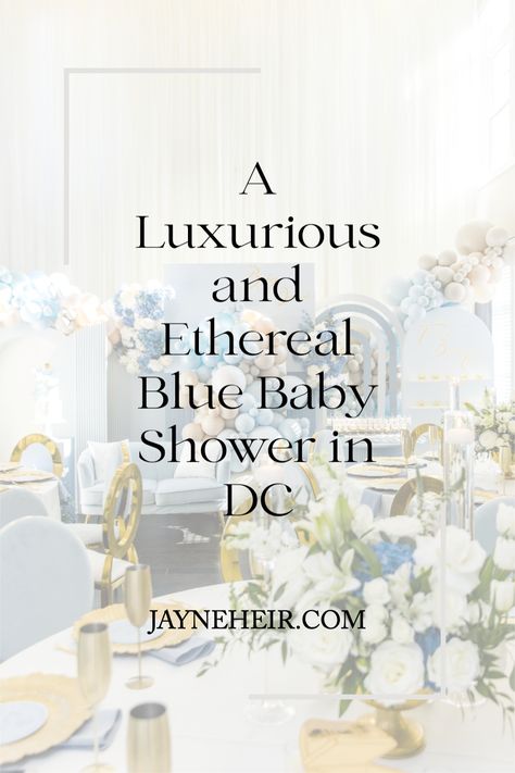 At Jayne Heir, we are DC Event Planners who never miss a single detail. For this baby boy baby shower, we curated an incredible design with the unique baby shower theme "treasured beyond measure". Click to see the event decor! Elegant Baby Shower Ideas For Boys, Fancy Baby Shower, Luxury Baby Shower, Unique Baby Shower Themes, Indian Baby Showers, Ethereal Blue, Classy Baby Shower, Balloon Installation, Elegant Baby Shower