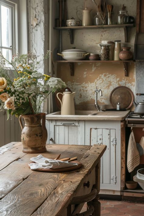 Vintage French Farmhouse Decor, Country Aesthetic Kitchen, Old Farm Kitchen, Farm Home Decor, Farmhouse Rustic Decor, Kitchen Interior Cottagecore, Fantasy Cottage Interior Kitchen, Cottegcore Aesthetic Kitchen, Old Cottage Interior