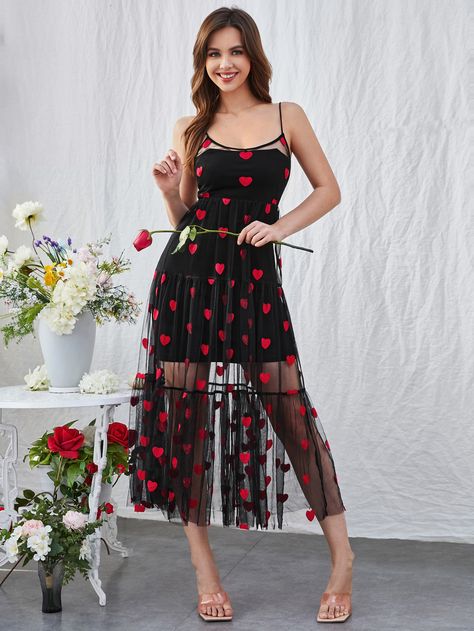 Black Glamorous  Sleeveless Mesh Heart Cami  Slight Stretch All Women Dresses Heart Print Dress, Puffy Dresses, Black Mesh Dress, Quince Ideas, Valentines Day Dresses, Net Dress, Heart Embroidery, Printed Dresses, Camisole Dress