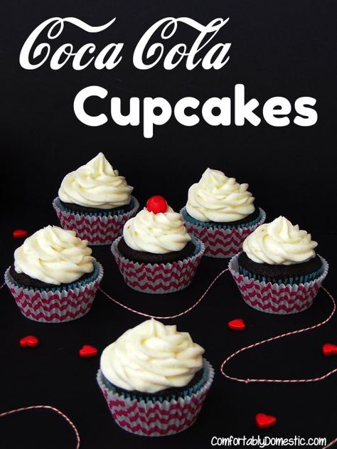 Coca Cola Cupcakes with Vanilla Bean Buttercream  | ComfortablyDomestic.com lets the iconic soda flavors shine through these rich, fudgy cupcakes. Coca Cola Cupcakes, Cola Cupcakes, Cola Recipe, Vanilla Bean Buttercream, Homemade Chocolate Truffles, Soda Flavors, Buttercream Recipe, Köstliche Desserts, Yummy Cupcakes