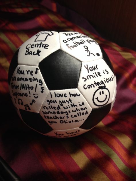 Getting an item that the person likes and writing compliments and memories on it. This one I made and gave anonymously to a friend of mine at school. The effect is contagious! Soccer Gifts For Boyfriend, Gifts For Boyfriend Football, Football Boyfriend Gifts, Bf Gift, Boyfriend Ideas, Gift Baskets For Men, Football Boyfriend, Bf Gifts