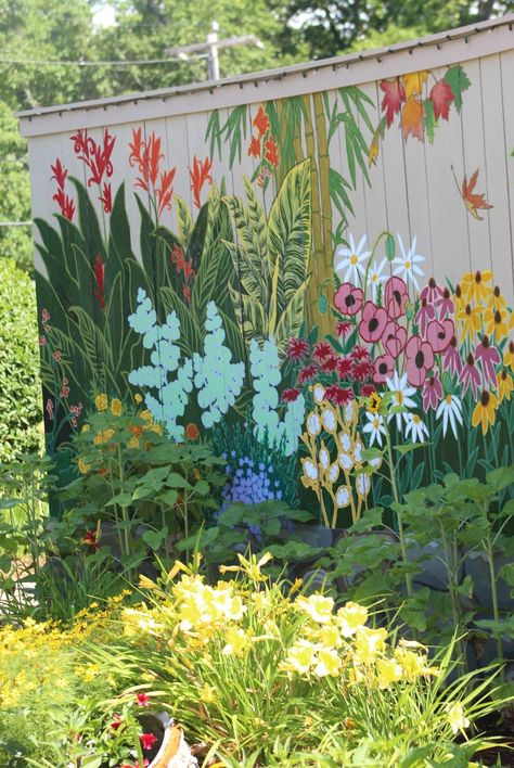 Garden Wall Murals Painted, Garden Mural Outdoor Wall Art Backyard, Privacy Fence Murals, Outdoor Mural Ideas Flower, Garden Shed Mural, Flower Mural Outdoor, Outdoor Murals Backyards, Painted Fences Ideas Backyards, Fence Mural Ideas Backyards