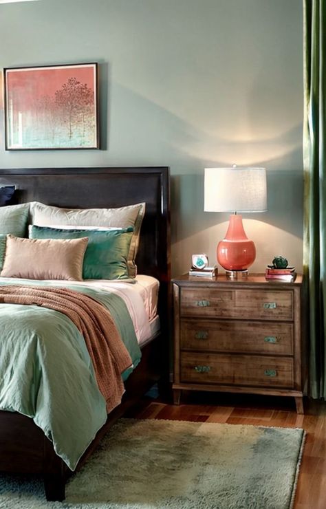 Embrace the 2023 bedroom color trends by incorporating shades of earthy greens and soothing blues. Consider adding pops of coral or blush for a touch of vibrancy and balance. Green And Coral Bedroom, Coral And Green Bedroom, Coral Bedroom Ideas, Colors Of 2023, 2023 Bedroom, Coral Bedroom, Earthy Greens, Bedroom Color, Bedroom Green