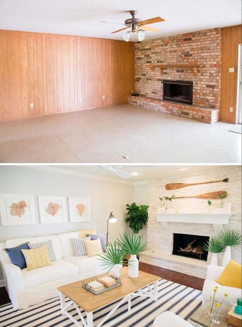 This week we meet the Ermoian family. This couple had a serious love of all things coastal and wanted that represented throughout their home. They decided on this house because of its potential and th Paneling Makeover, Budget Friendly Living Room, Diy Home Decor For Apartments, Fire Places, Real Estat, Coastal Living Rooms, Fireplace Remodel, After Pictures, Fireplace Makeover