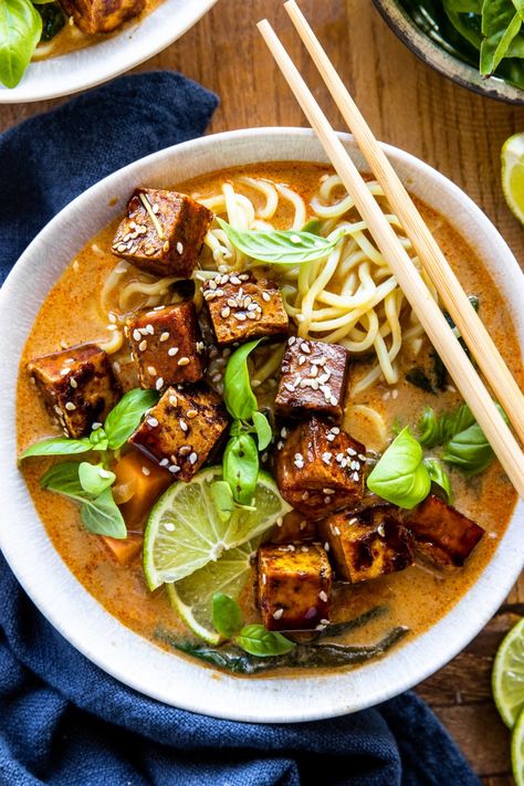 Spicy Sweet Potato Noodle Soup with Crispy Tofu Potato Noodle Soup, Ramen Noodles From Scratch, Spicy Sweet Potato Soup, Making Ramen, Tomato Pesto Chicken, Noodles From Scratch, Ramen At Home, Tofu Ramen, Ramen Soup Recipes