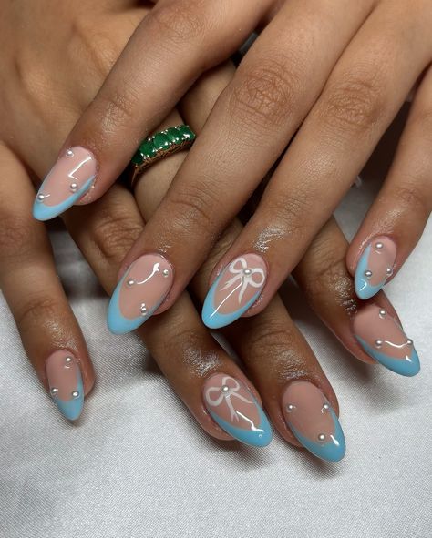 Baby Blue Bow Set 🎀🩵 • • • Apres Natural Almond Medium • IGel (I’m Blushing) • • #nails #nailsnailsnails #nailsofinstagram #nailsart #nailsbyavryl #gelx #gelxnails #gelxnailtech #explorepage #frenchtipnails #almondnails Blue Bow Nails, Blushing Nails, Apres Nails, Bow Nails, Finger Painting, Bow Set, Nail Inspiration, Signature Look, French Tip Nails