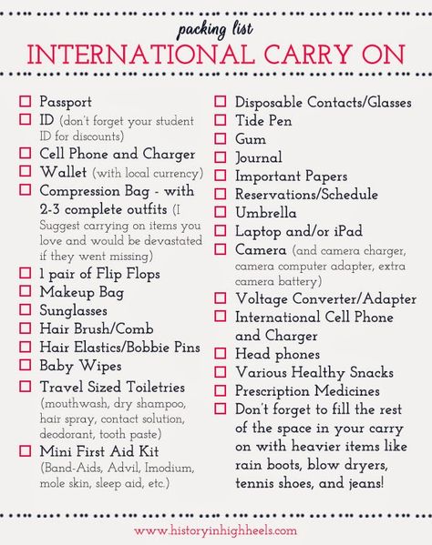 Packing Tips: International Carry On Checklist...pretty basic stuff but a reminder never hurts Carry On Checklist, Packing Hacks, Missions Trip, Travel Checklist, Las Vegas Hotels, Packing Tips For Travel, Travel List, What To Pack, Travel Packing