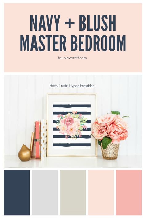 Navy and blush master bedroom Blush Bedroom, Navy And Blush, Bedroom Color Schemes, Bedroom Color, Trendy Bedroom, Master Bed, Spare Bedroom, Master Bedding, Pink Bedroom