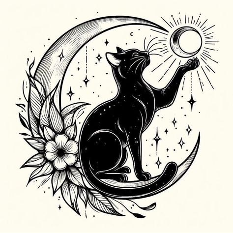 Magic Cat Drawing, 2 Black Cat Tattoo, Magic Cat Tattoo, Witchy Black Cat Tattoo, Black Cat And Moon Tattoo, Black Cat Moon Tattoo, Cat And Moon Drawing, Moon And Cat Tattoo, Moon Cat Tattoo