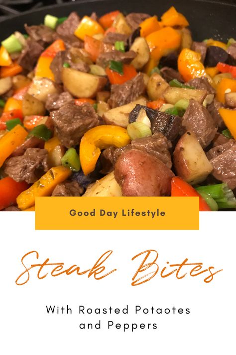 These steak bites are packed with tons of flavor and huge pops of vitamins with roasted potatoes and bell peppers. It's an easy weeknight dinner recipe that's ready in under 45 minutes. Roasted Potatoes And Peppers, Steak Bites With Sweet Potatoes, Potatoes And Bell Peppers, Cooking With Essential Oils, Steak Potatoes, Steak Tips, Baby Red Potatoes, Flat Iron Steak, Weeknight Dinner Recipes Easy