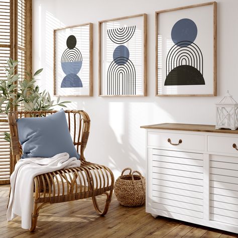 The Set of 3 Blue Wall Prints is a stunning collection of boho art decor that will add a touch of modern elegance to any space. These mid-century prints feature vibrant blue hues and geometric designs that are perfect for creating a stylish and unique look in your living room or any other room in your home. IMPORTANT: This is a DIGITAL PRODUCT. You will not receive a physical product. You will need to print and frame the product yourself.   Highlights: - Set of 3 wall prints: This set includes three individual prints that can be displayed together or separately, giving you the flexibility to create your own personalized gallery wall. - Boho art decor: The prints feature a bohemian-inspired design with intricate patterns and geometric shapes, adding a trendy and artistic touch to your space Minimalist Dekor, Murs Roses, Grey Wall Art, Mid Century Wall, Green Wall Art, Blue Wall Art, Pink Wall Art, Geometric Wall Art, Neutral Wall Art