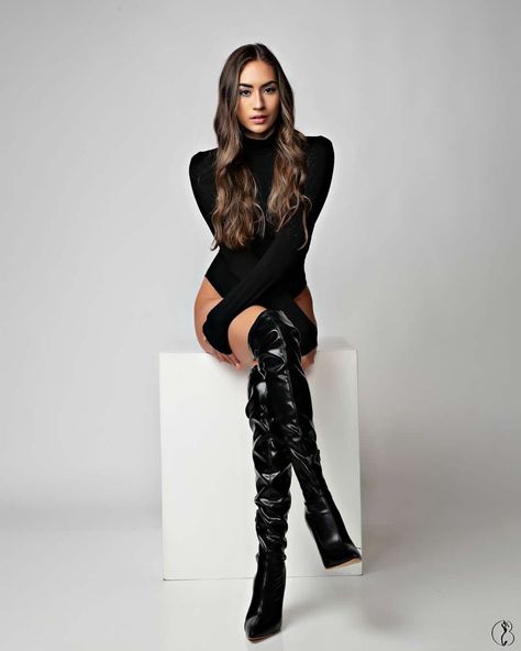 Studio photoshoot, model photoshoot, studio photoshoot, overtheknee leather boots, black bodysuit photoshoot Black Bodysuit Photoshoot, Boots Photoshoot, Denim Photoshoot, Tamil Brides, Studio Poses, Graduation Photography Poses, Full Body Suit, Graduation Photography, Studio Photoshoot