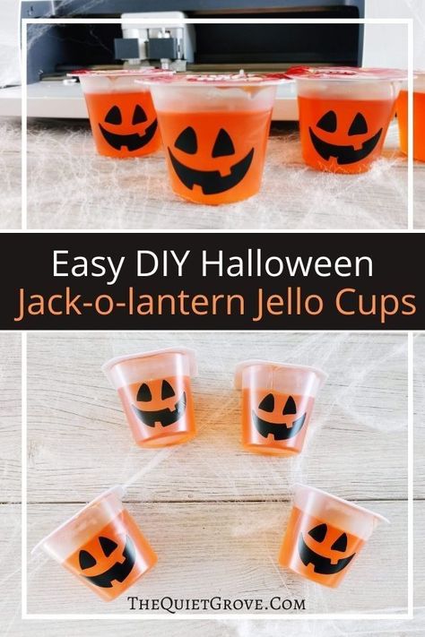 Jack-o-lantern Jello Cups are super easy to make using vinyl & a Cricut. They're a perfect treat for Halloween parties or kids lunches! #CricutCreated #CricutMade #HalloweenTreats #HalloweenDIY Halloween Jello, Halloween Jackolantern, Halloween Snacks For Kids, Jello Cups, Kids Lunches, Halloween Cups, Fun Arts And Crafts, Halloween Jack O Lanterns, Halloween Diy Crafts